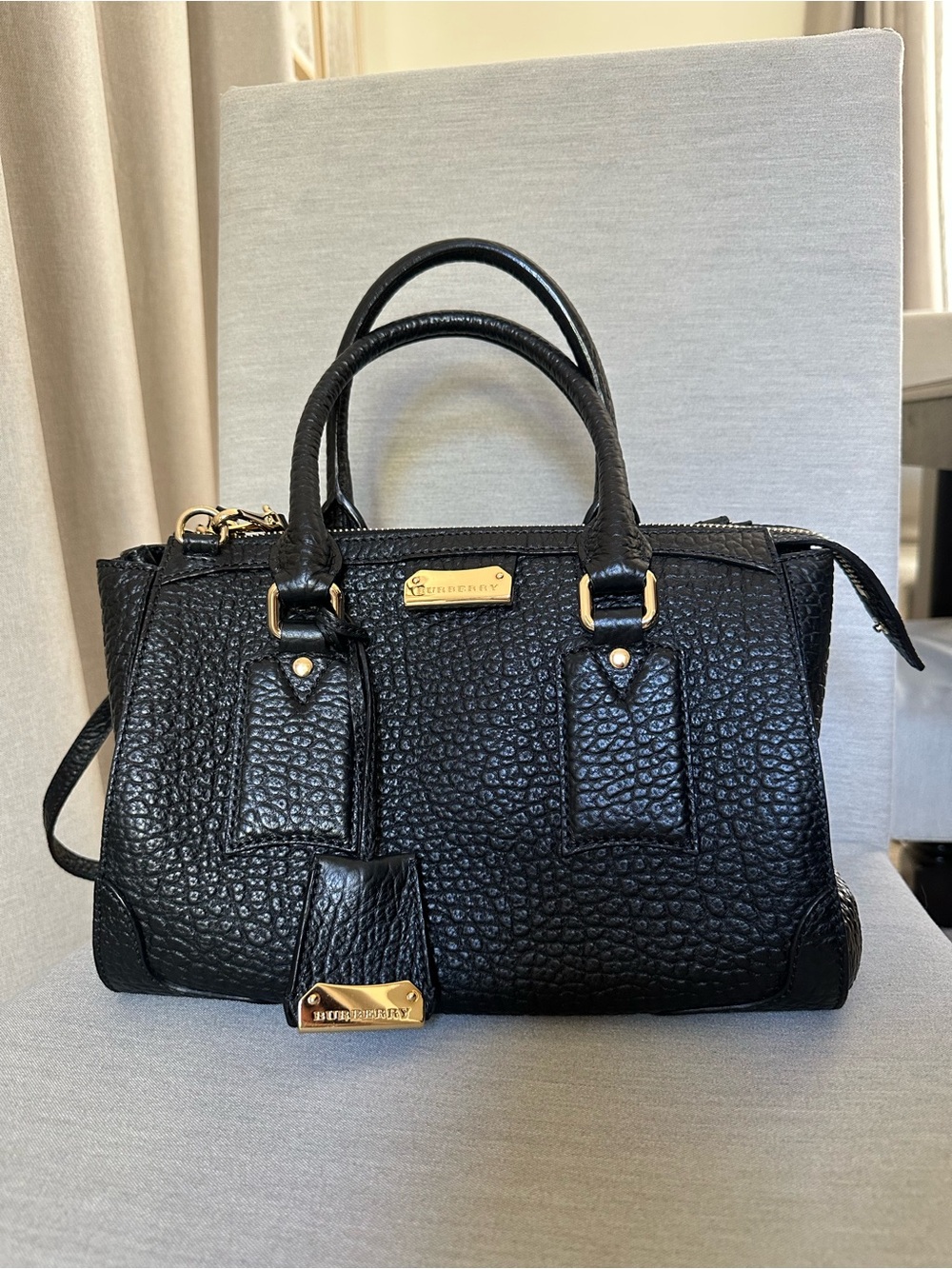 Burberry Black Grained Leather Satchel with Gold Hardware and removable strap